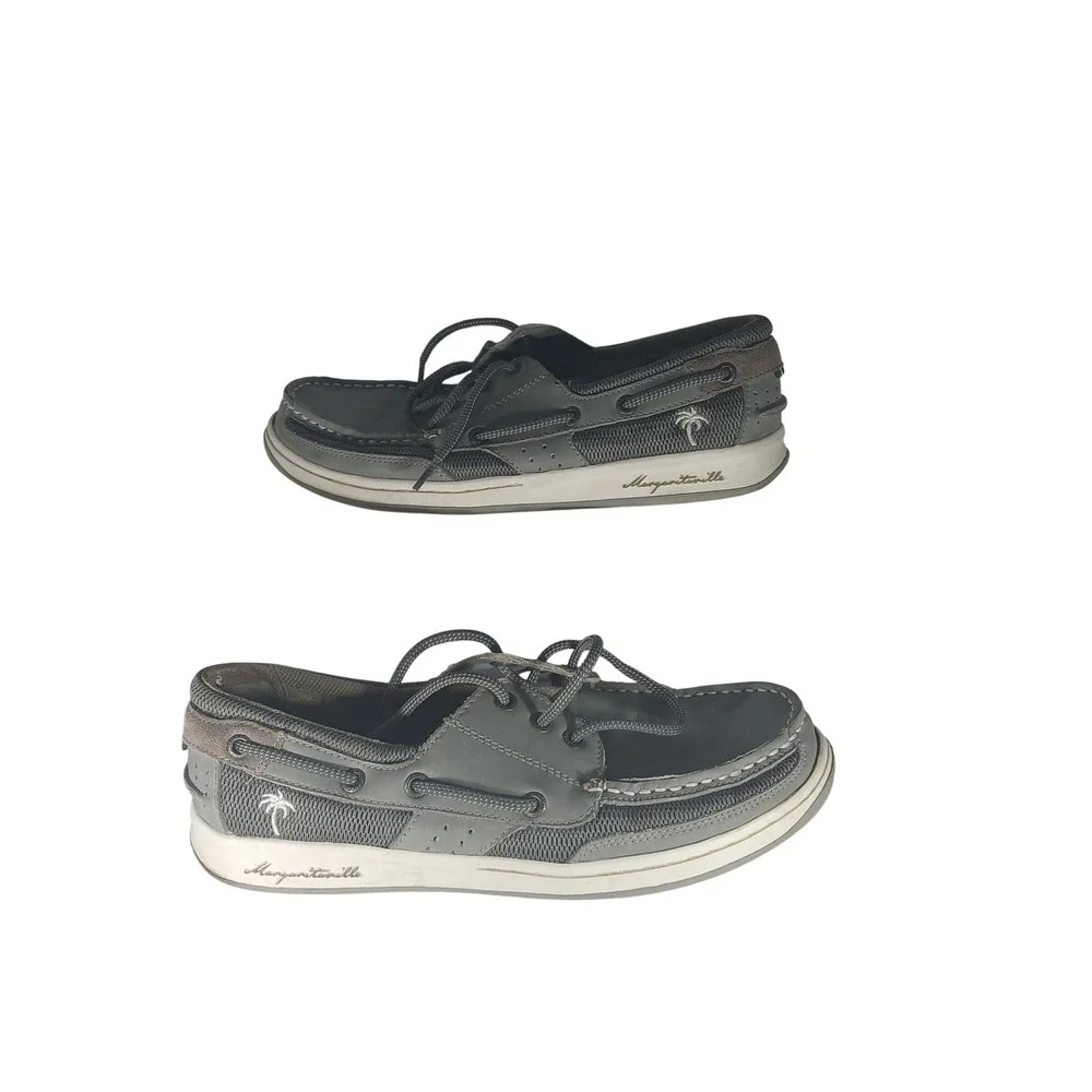 Margaritaville Wharf Boat Shoes 8.5 Gray Leather Mesh Nautical Coastal MG1565G